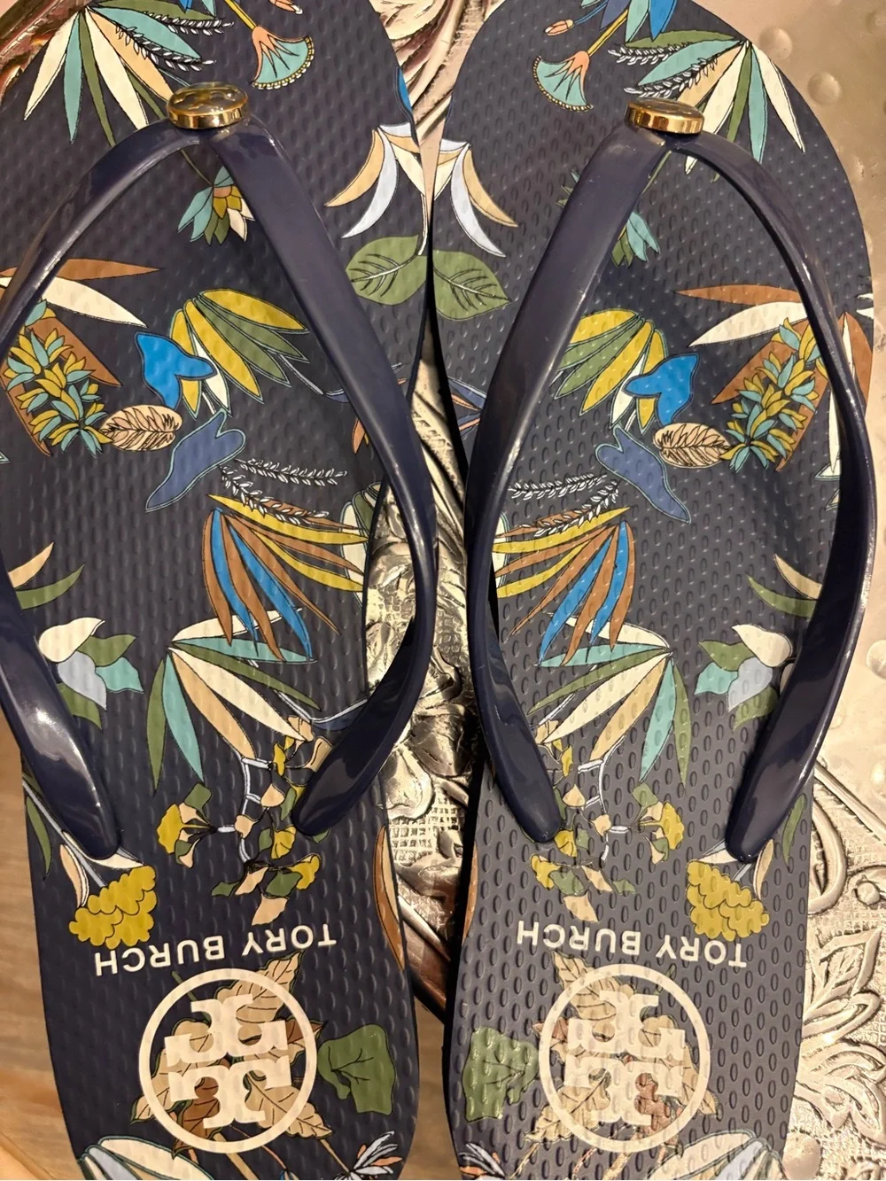 New Tory Burch Navy Floral Flip Flops with Gold Logo $100